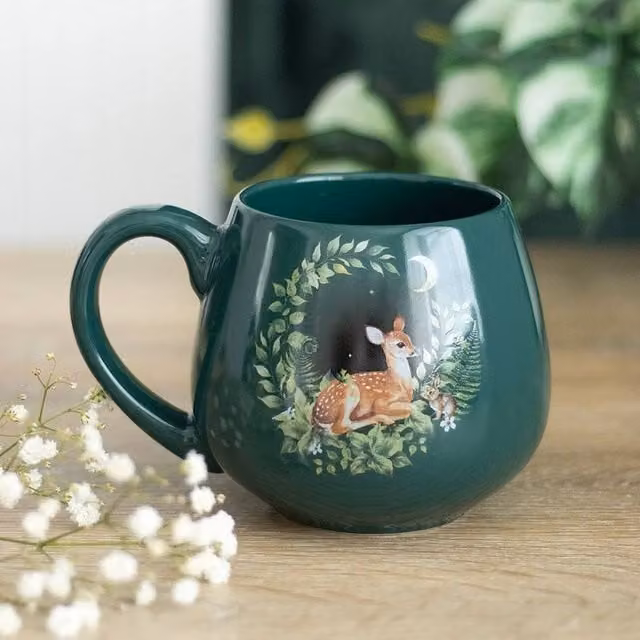 Uniqueful Green Fawn Rounded Ceramic Mug, 550ml