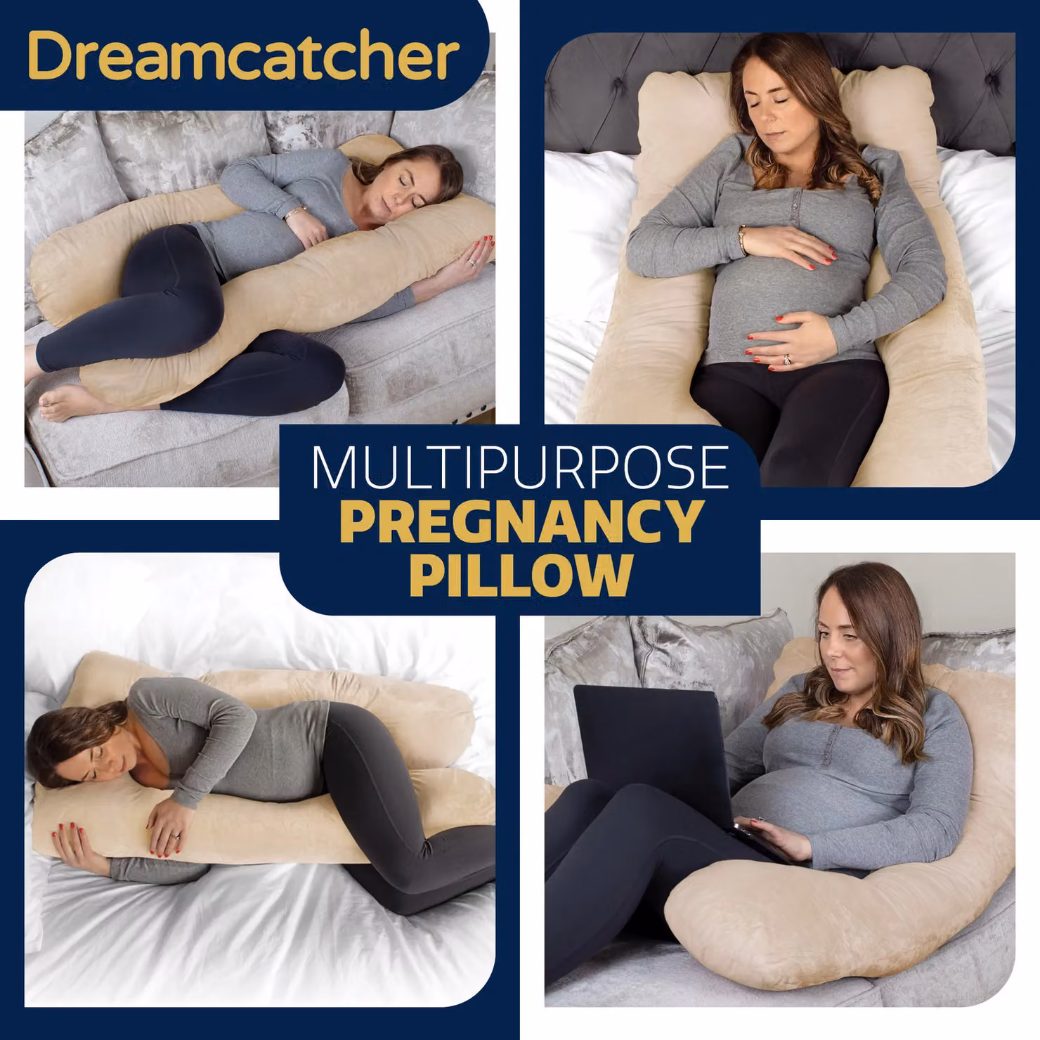 Dreamcatcher U-Shaped Women's Pregnancy Pillow in Cream with Shredded Memory Foam and Removable Velvet Cover – 6