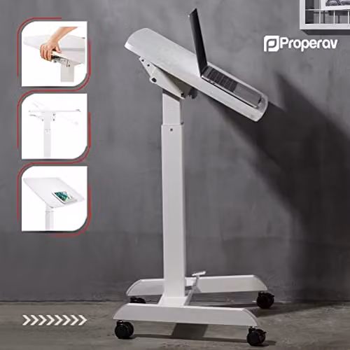 Properav Mobile Sit-Stand Tilting Desk Workstation with Gas Spring Height Adjustment and Pedal, White, W: 60.0 cm, D: 52.0 cm – 4