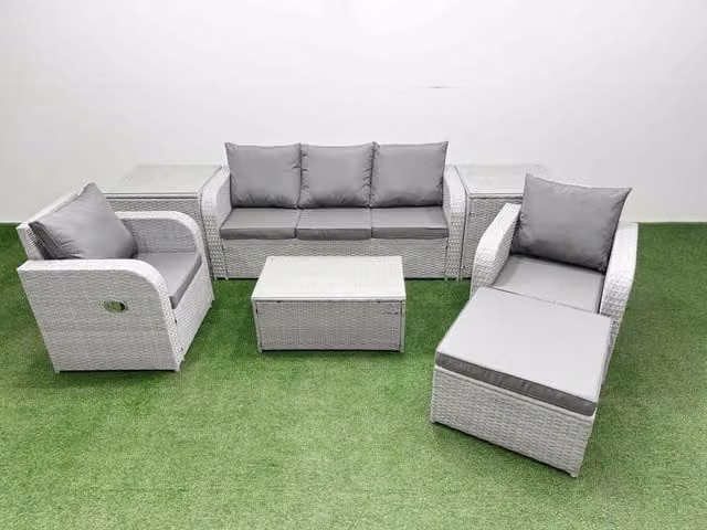Fimous PE Rattan Garden Furniture Set in Light Grey with 3-Seater Sofa, Reclining Armchairs, Coffee Table, Side Tables and Ottoman
