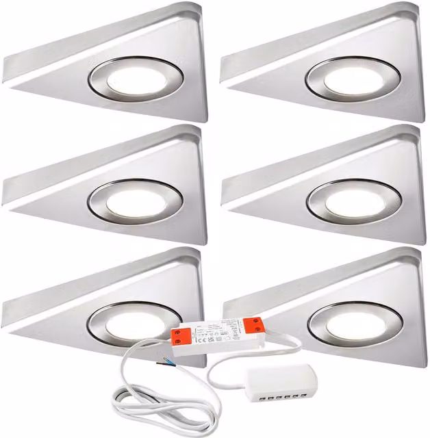 Loops 6-Piece Brushed Nickel Triangle Surface Under Cabinet Kitchen LED Light and Driver Kit in Silver – 1