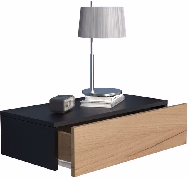 VCM Usal M 60 cm Wooden Wall Mounted Bedside Cabinet and Drawer Console in Black and Honey Oak