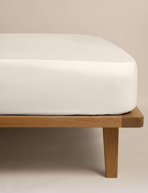 M&S Egyptian Cotton 230 Thread Count Mako Satin Silky Fitted Sheet in White or Beige, W/D/H: 90 x 190 cm