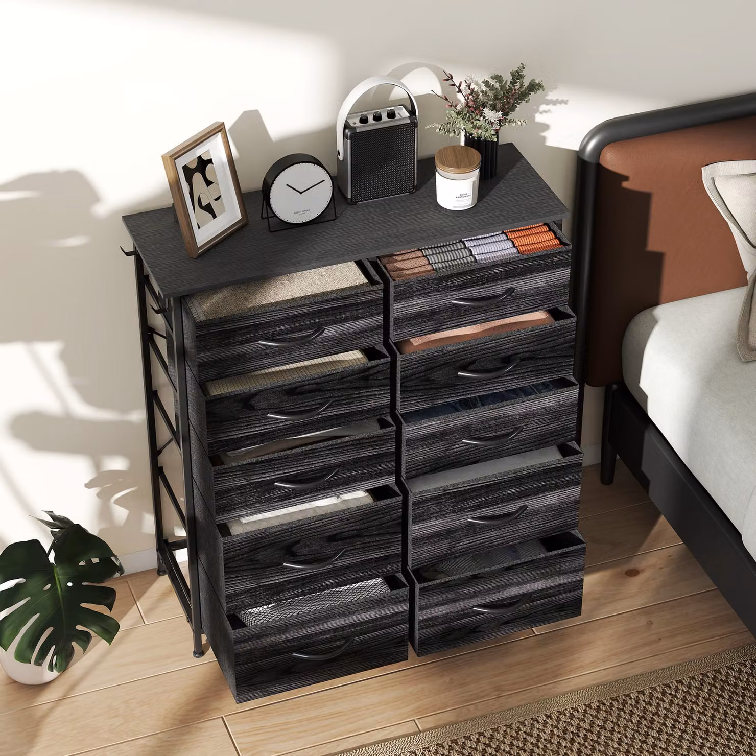 HOMCOM Modern Black Chest of Ten Fabric Drawers with Metal and MDF Frame – 6