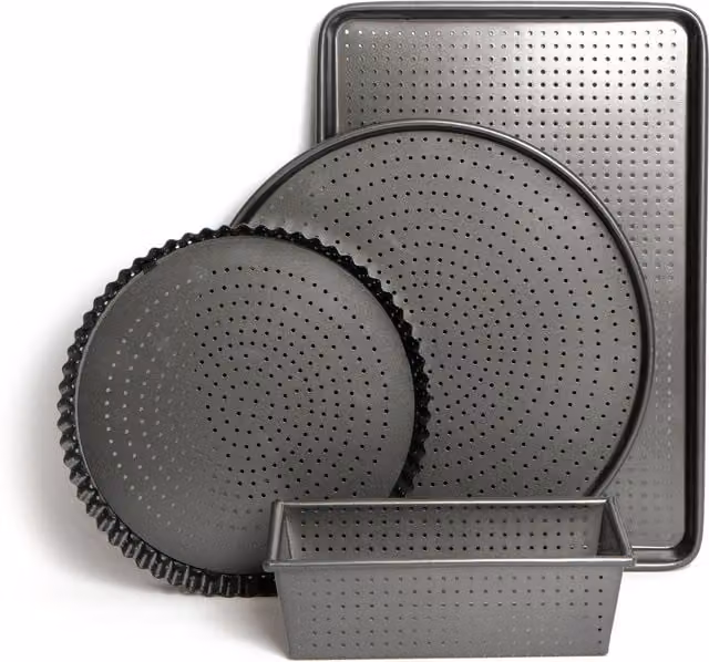 MasterClass 4-Piece Non-Stick Bakeware Set in Black, including Quiche Tin, Pizza Crisper, Loaf Pan and Tray
