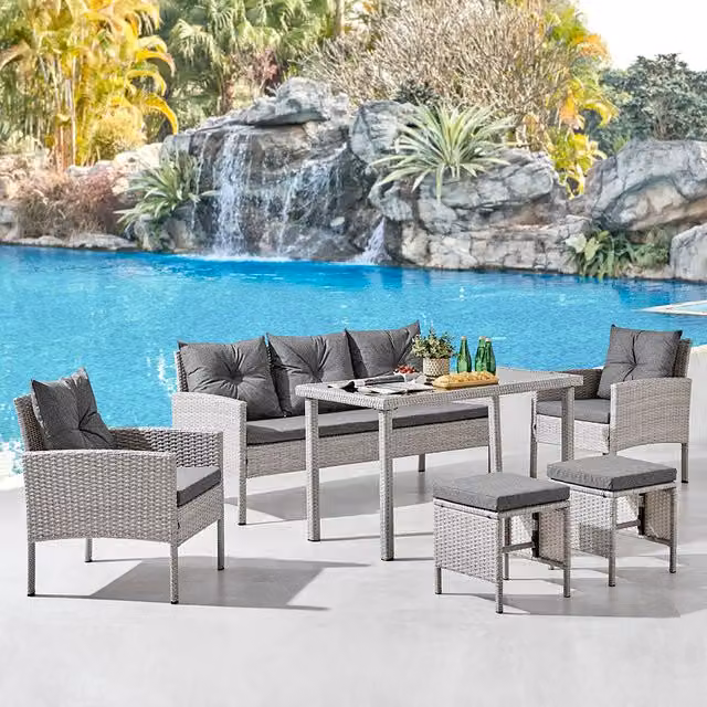 GRS Reno 6-Piece Grey Rattan and Glass Dining Set