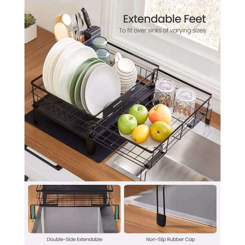 The Bazaarist Expandable Dish Drying Rack with Rotating Spout and Cutlery Holder, Black – 4