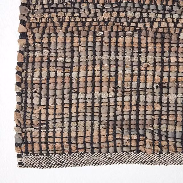 Homescapes Recycled Leather Handwoven Herringbone Rug in Black, Grey, White and Blue, Width: 200 cm