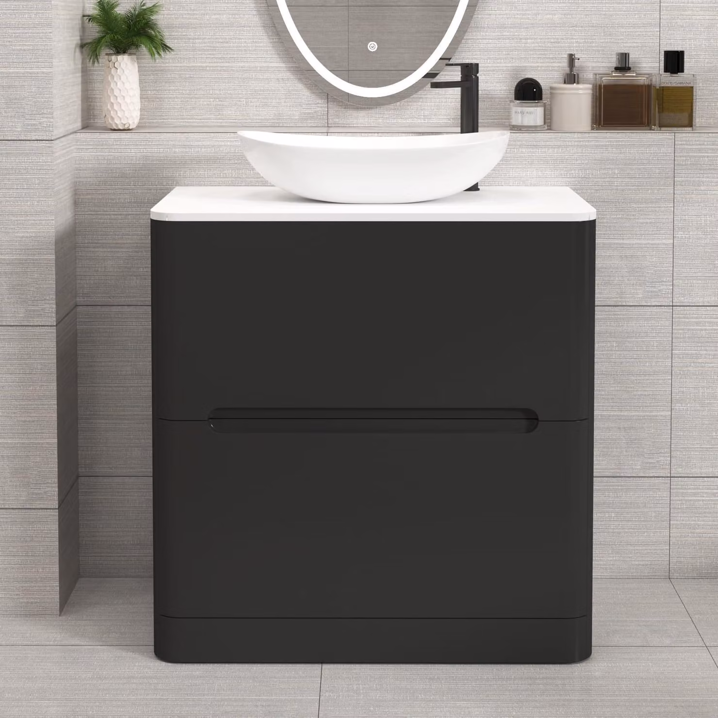 Royal Bathrooms Venice 800mm Matt Nocturne Black Floor Standing 2 Drawer Vanity Unit with Plain White Worktop and Cesar Basin