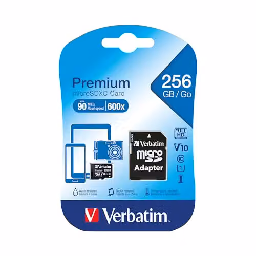 Verbatim SDXC MicroSD Memory Card, 256GB, Class 10, Black