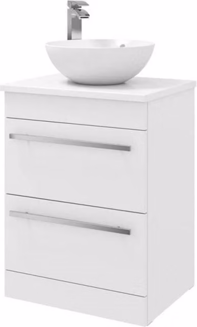 Clifton White Glossy 2-Drawer Standing Bathroom Unit with Counter Top Basin, Width: 60 cm