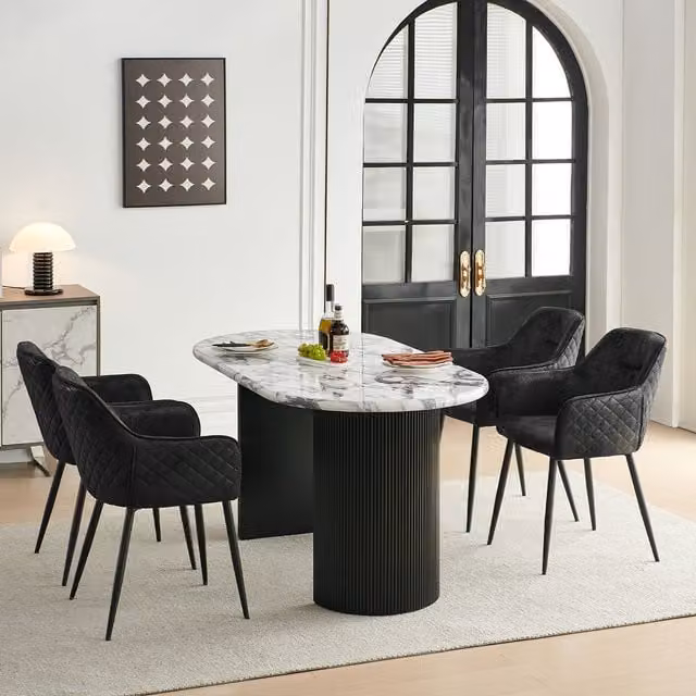 SONARA Set of 4 Modern Faux Suede Dining Armchairs in Black with Metal Legs