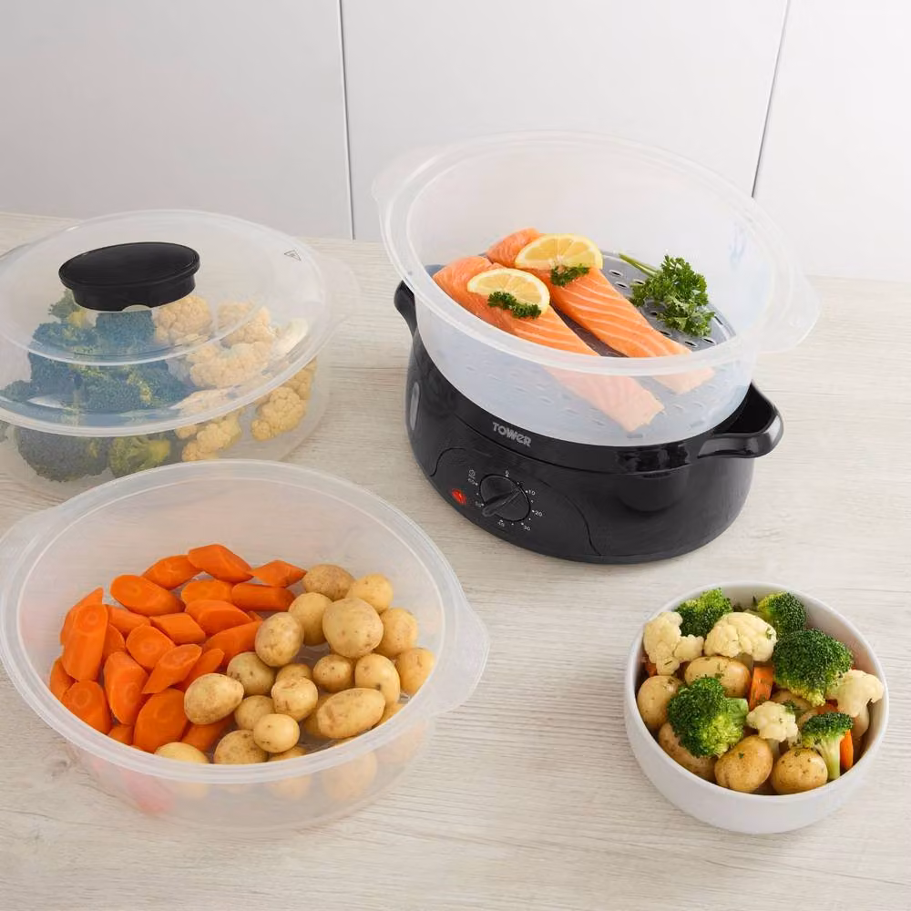 Tower 9L Three Tier Food Steamer in Black with Transparent Glass Lids – 5