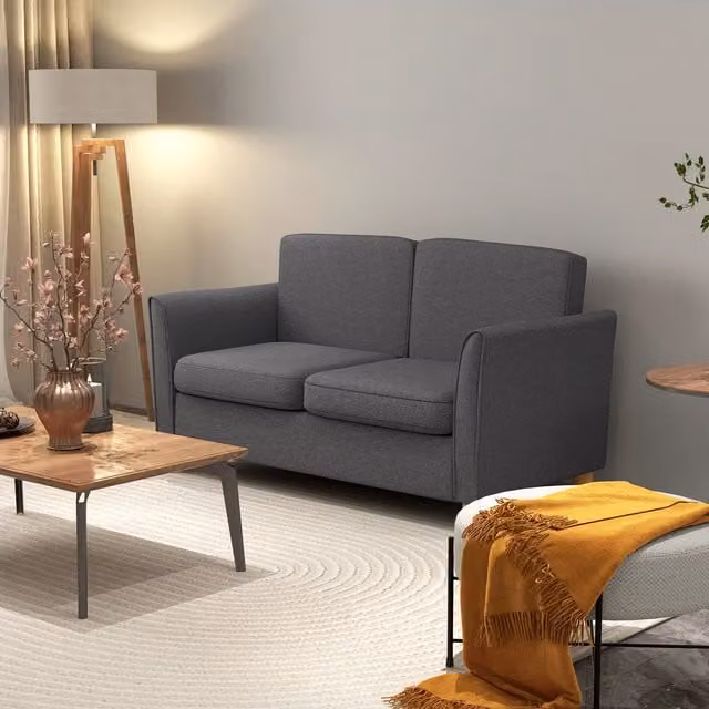 HOMCOM Double Seat Loveseat Couch with Armrests, Grey Linen Upholstery and Solid Wood Frame – 1