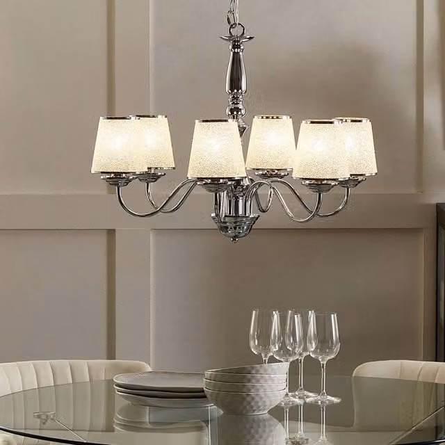 Wyld and Coco Emperor Six-Light Pendant Chandelier in Silver with Glossy Chrome and Acrylic Shades