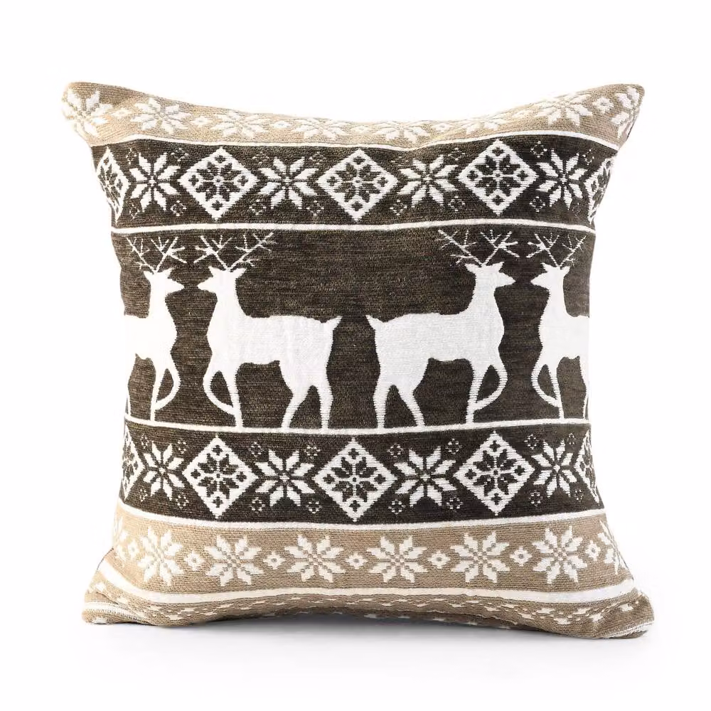 Velosso Xmas Chenille Stag Filled Cushion in Grey and Beige, W x D: 56 x 56 cm
