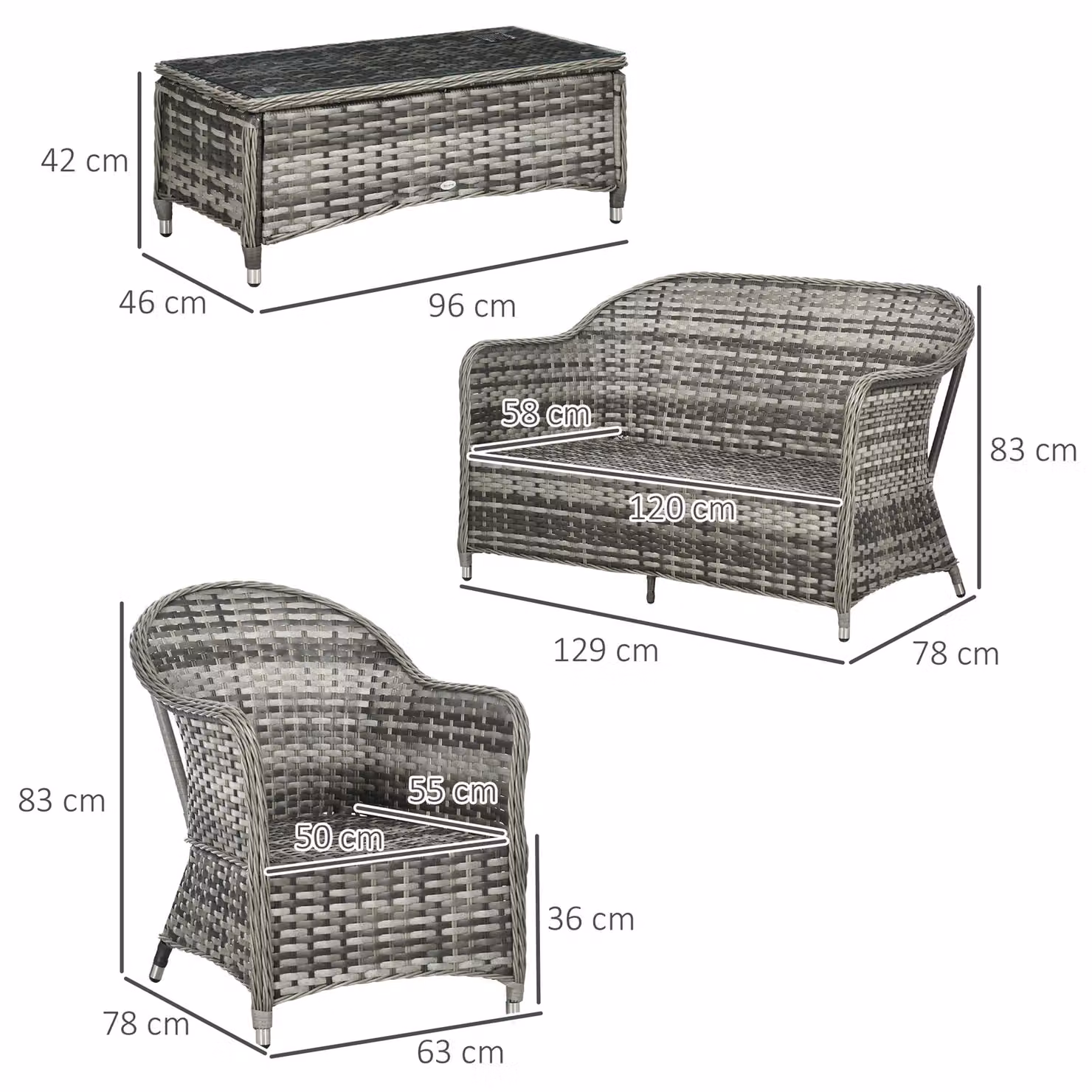 Outsunny 4 Piece Grey Rattan Outdoor Furniture Set with Cushions and Coffee Table – 3