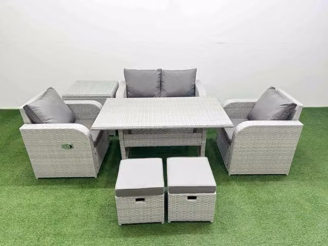 Fimous 6 Seater Light Grey PE Wicker Rattan Garden Furniture Set with Reclining Chairs, Rectangular Dining Table, 2 Small Stools and Side Table