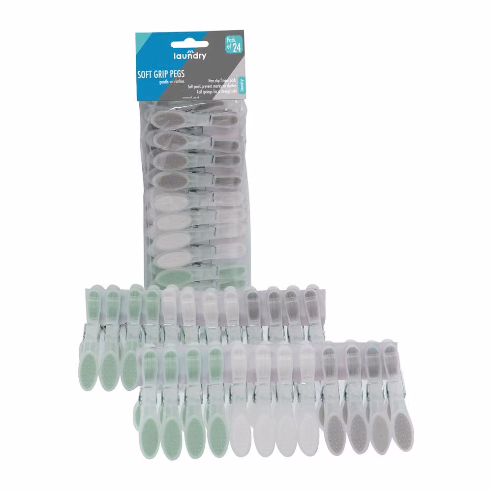 JVL Soft Grip Clothes Pegs, 72 Pack in Assorted Grey, White and Green – 2