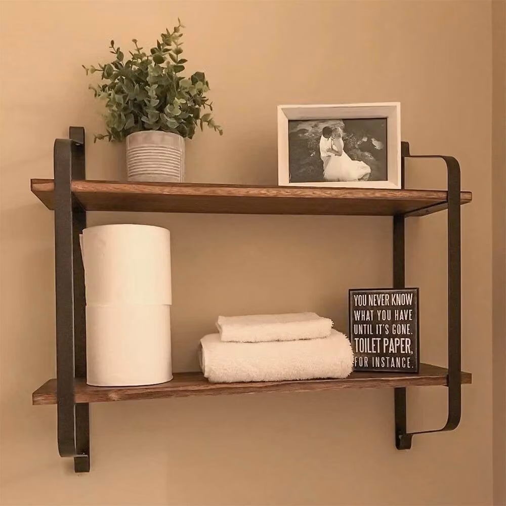 KORVIXA 2 Tiered Industrial Wall Mounted Floating Shelving Rack in Brown, Metal and Wood, Width: 180 cm, Height: 180 cm – 1