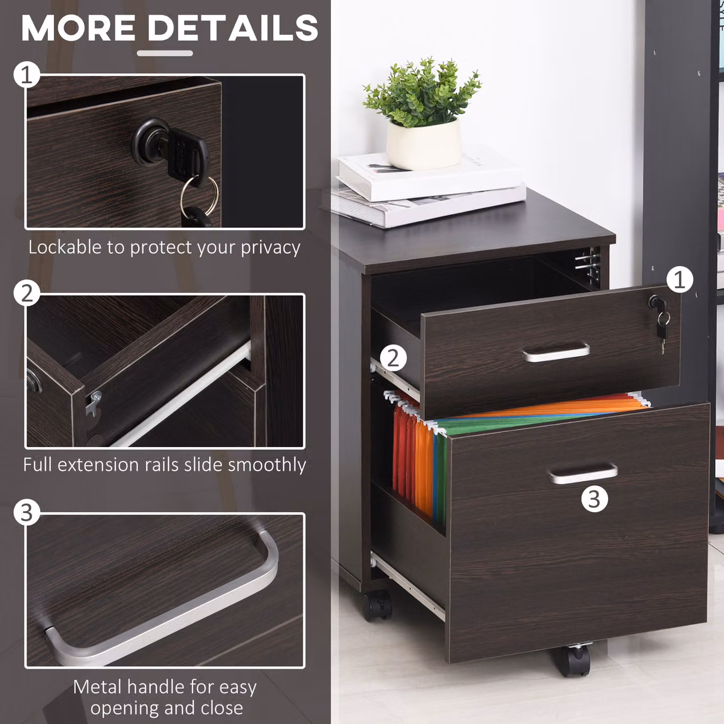 Vinsetto Mobile File Cabinet with 2 Locking Drawers and Castors, Black – 6