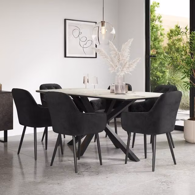More4Homes Juno Calcutta Gold Ceramic Dining Table with 8 Anika Black Velvet Chairs