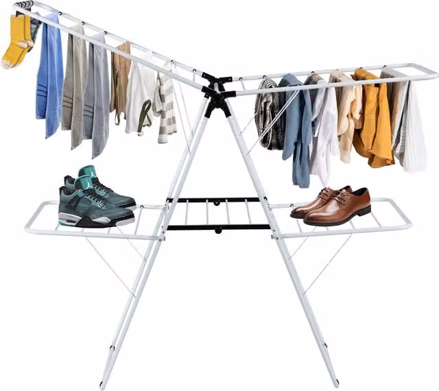 COSTWAY 2-Level Foldable Steel Clothes Drying Rack with Wing Arms, White