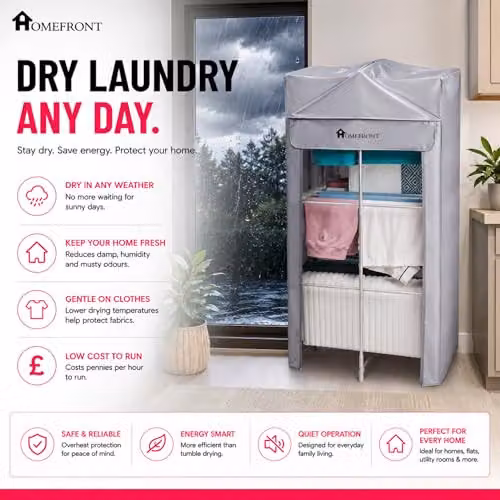 Homefront EcoDry Electric 3-Tier Heated Clothes Airer in Silver, Metal Folding Indoor Laundry Rack, 330W, W/D/H: 78 x 72 x 72 cm – 3