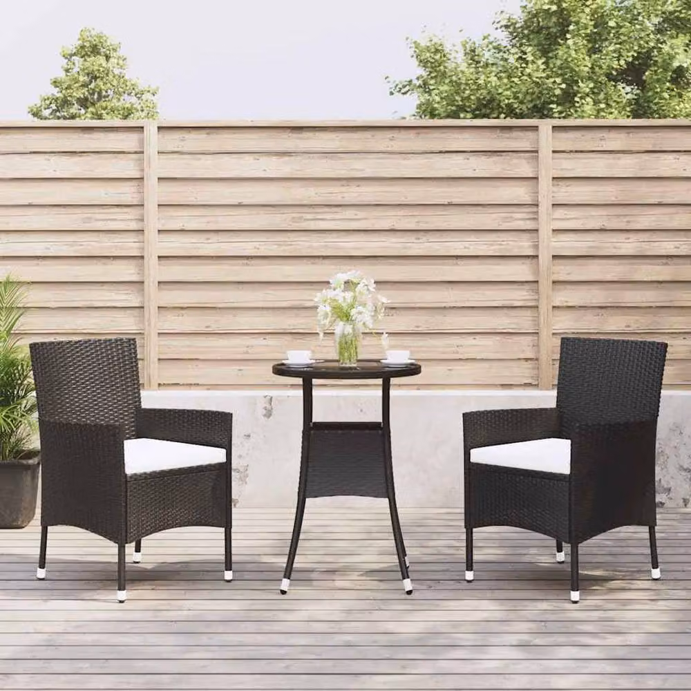 Berkfield Home 3 Piece Black Poly Rattan Garden Bistro Set with Cushions – 2