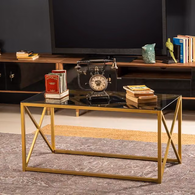 Decorotika Iliomer Rectangular Glass Coffee Table with Gold and Black Metal X-Frame in Glossy Finish