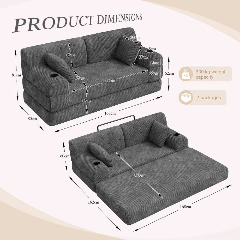 Rolipo Dark Grey 2-Seater Corduroy Sleeper Sofa with Cup Holders and Pockets – 2