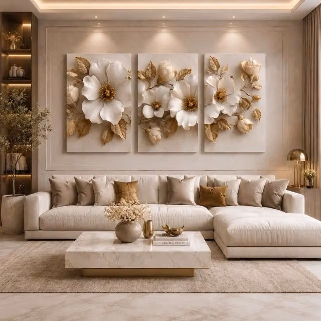 Mafett Set of 3 Beige and Gold Floral Botanical Canvas Wall Art Prints