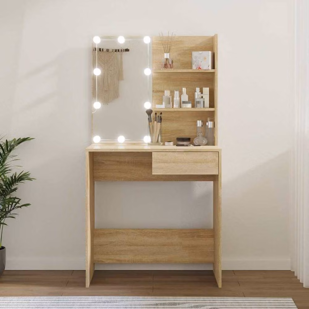 Berkfield Home Modern White and Sonoma Oak Dressing Table with LED Light, W/D/H: 74.5 x 40 x 141 cm – 2