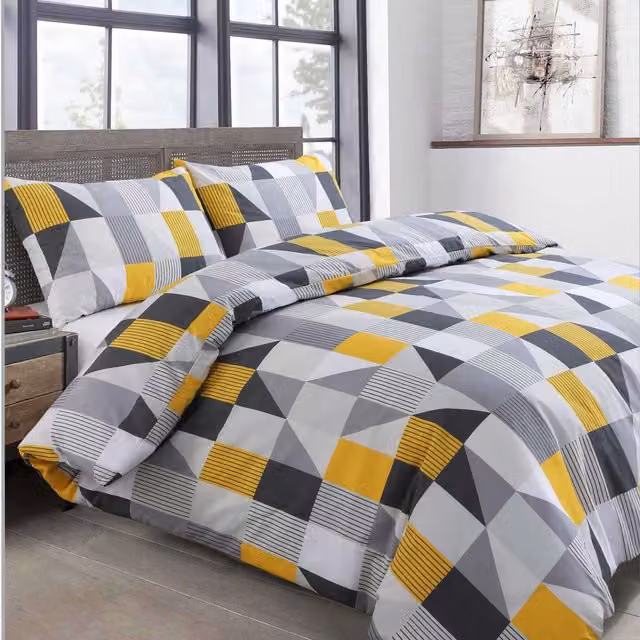 Velosso Graphic Modern Polycotton Duvet Cover and Pillowcase Set, Yellow, 140 x 200 cm