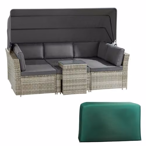 Garden Gear California 5 Piece Rattan Daybed Set in Dark Grey with Extendable Sun Canopy and Cushions