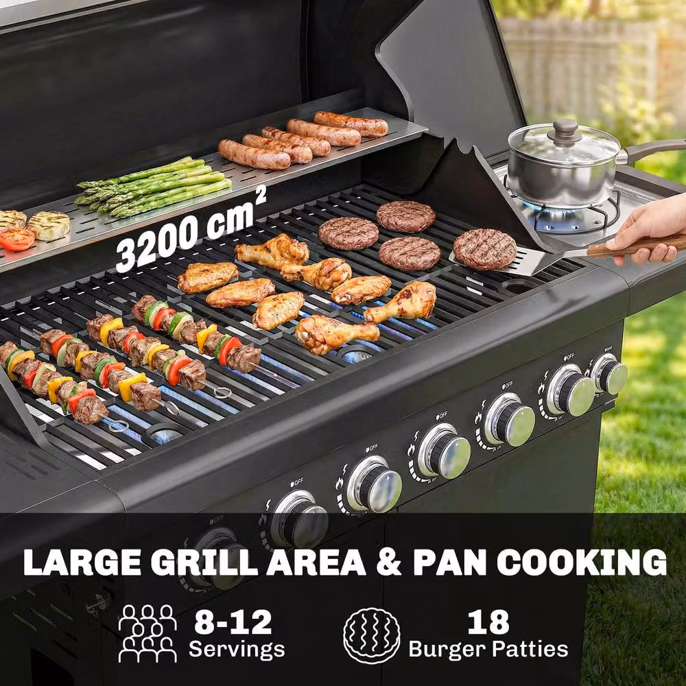 Outsunny 6+1 Burner Gas BBQ Grill with Warming Rack and Side Burner, Black – 4