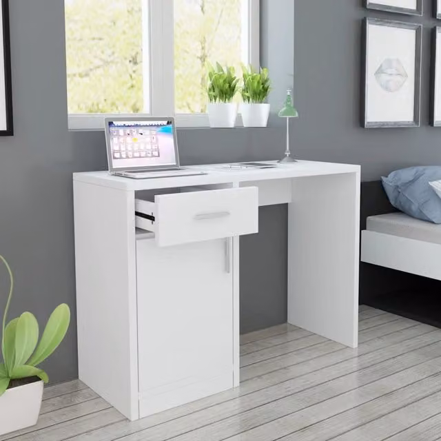 Berkfield Modern White Writing Desk with Drawer and Cabinet W/D/H: 100 x 40 x 73 cm