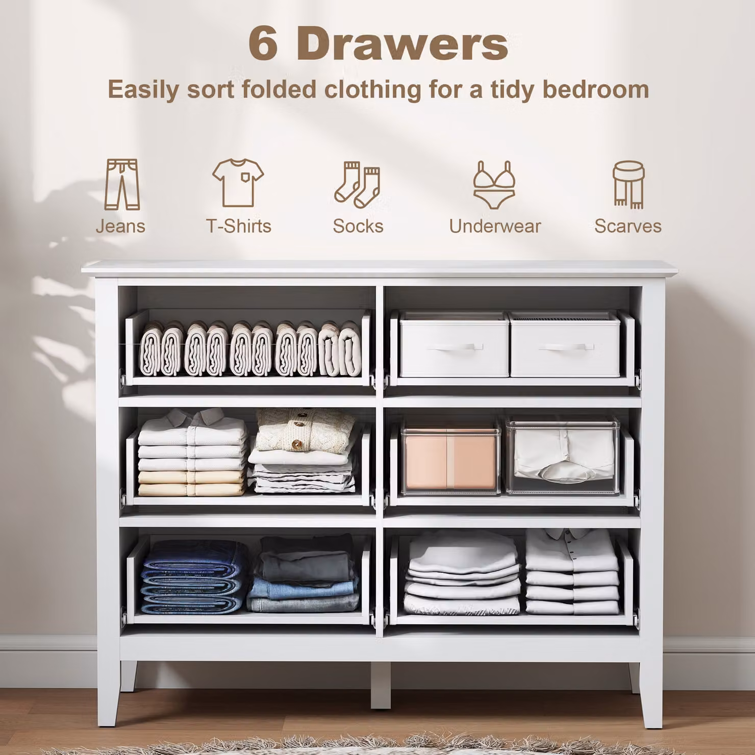 HOMCOM Fluted 6 Drawer Chest of Drawers in White and Gold – 2