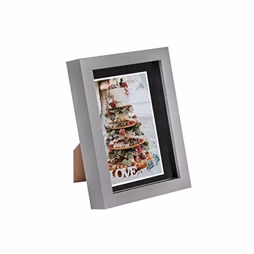 Nicola Spring 3D Shadow Box Photo Frame in Grey with Black Mount, Rectangular Hanging Display Case for Keepsakes and Crafts, 10 x 15 cm – 1