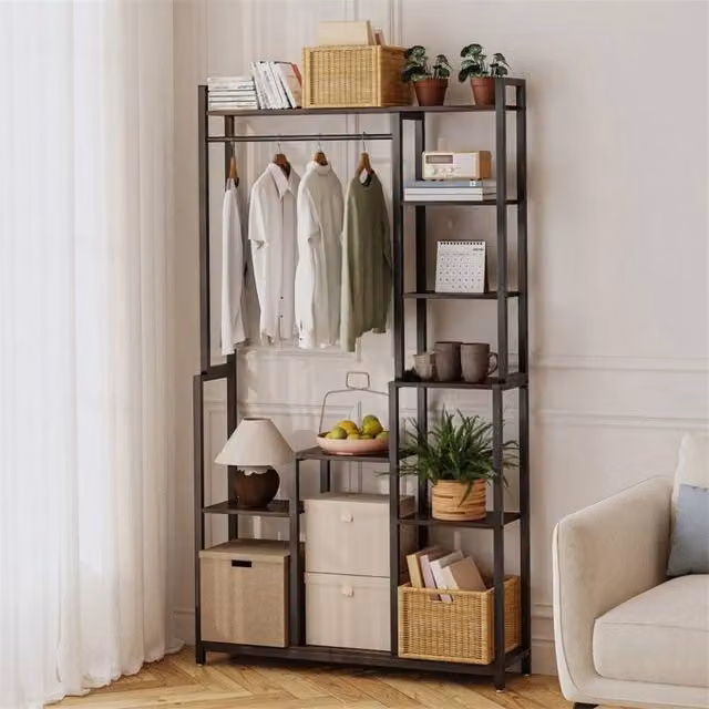 Kelvenix Industrial Tall Clothes Stand Wardrobe with Continuous Linear Rail, Black