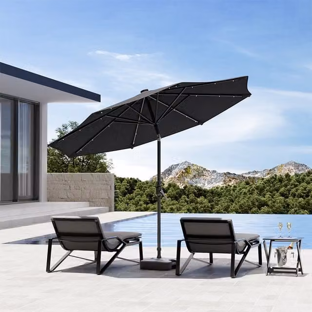 Komore Modern Freestanding Garden Lighted Parasol with Base in Dark Grey and Black