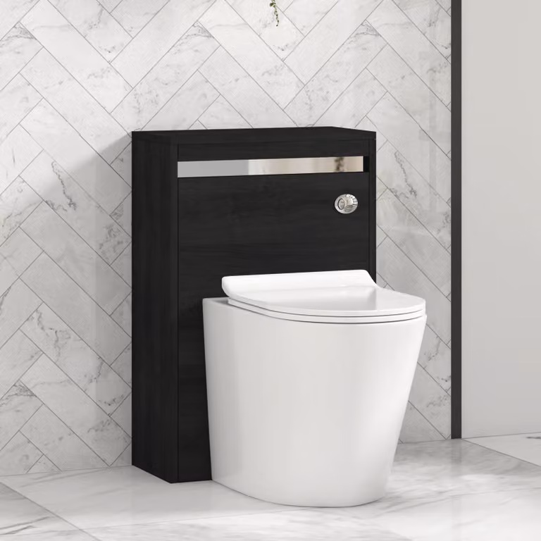 Royal Bathrooms Orion Hale Black Wall Mounted WC Unit with Cesar Rimless Toilet Pan, Slim Seat and Cistern, Chrome Accent Trim