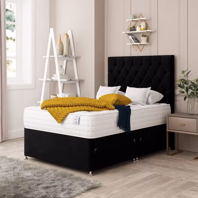 Bed Choices Monaco Black Velvet Upholstered Divan Bed with 4 Drawers, Mattress and 26 inch Headboard, W/D/H: 180 x 200 cm – 1