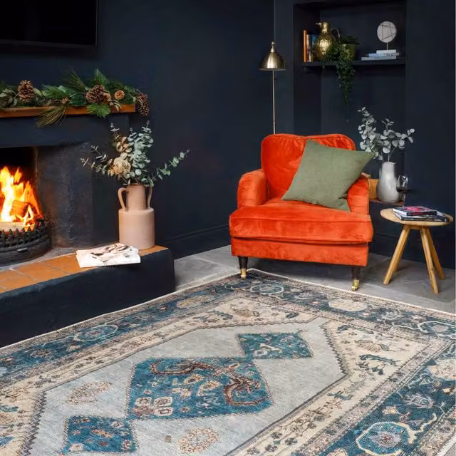 The Rug House Distressed Bordered Medallion Persian Area Rug, Teal Blue, W: 110 cm, D: 60 cm