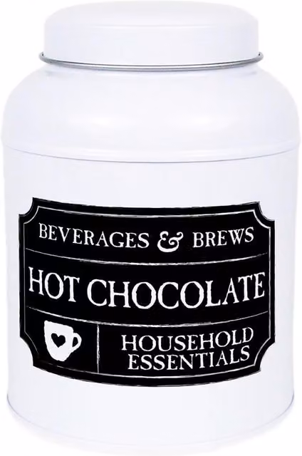 Purely Home Decaf Tea and Hot Chocolate Metal Storage Tin in Black Chalkboard-Style with White Details