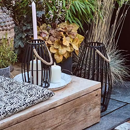 Lights4fun Set of 2 Black and White Metal Cage Waterproof Outdoor LED TruGlow Candle Lanterns – 4