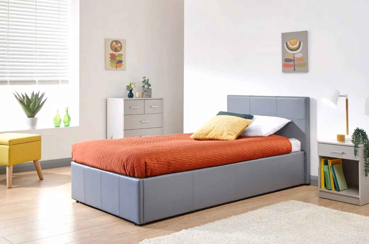 Cheap Furniture Warehouse Grey Modern Upholstered Single Ottoman Bed with Side Lift Base, W/D/H: 100 x 202 x 85 cm