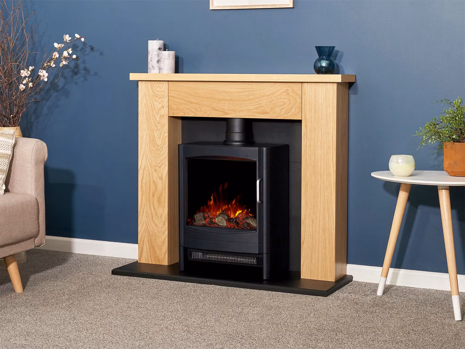 Adam Fires & Fireplaces Chester Stove Fireplace in Oak and Black with Sureflame Keston Electric Stove in Black – 2