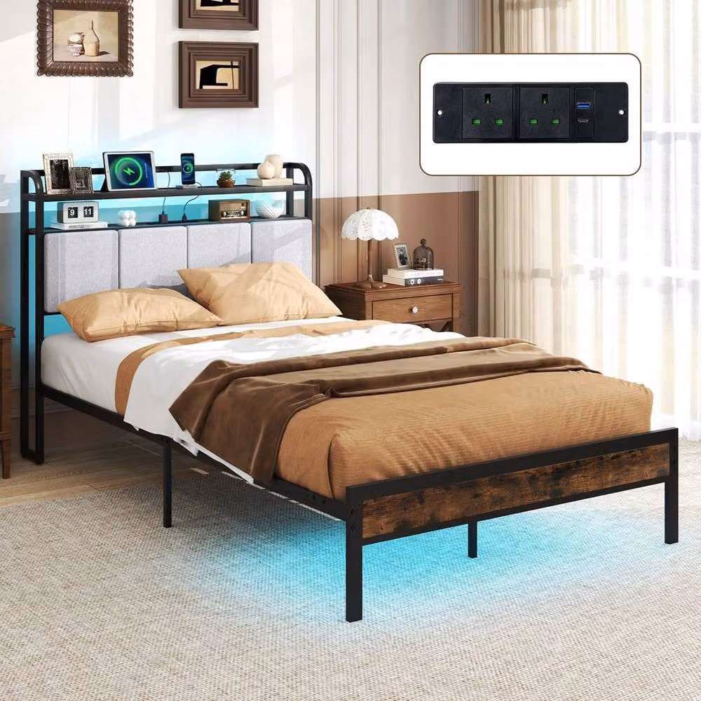 KORVIXA Double Size Industrial Metal Platform Bed Frame with Under-Bed Lighting, USB Charging Ports and Side Compartments, Black, W/D/H: 140 x 200 cm – 4