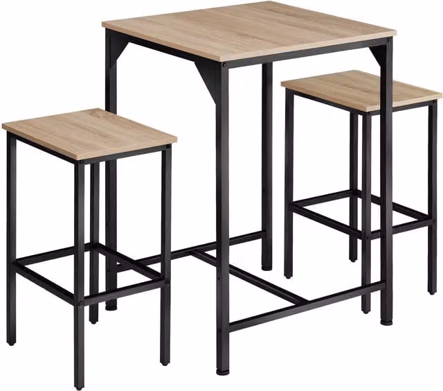 tectake Inverness Dining Table and 2 Bar Stools Set in Light Oak and Brown – 1
